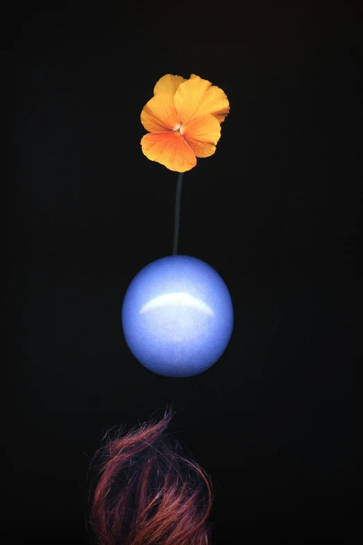 a po of a yellow flower in the sky with a blue ball on it