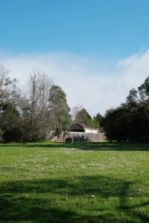 a green field with a white building in the background