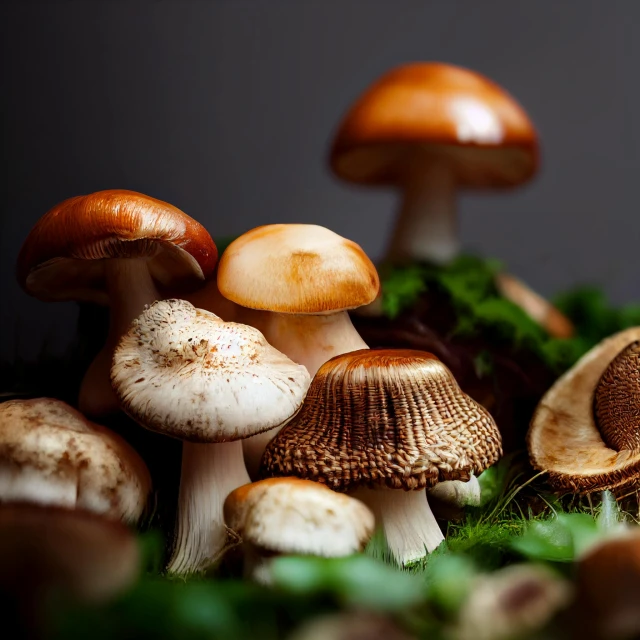 mushrooms growing on a green plant near a gray background