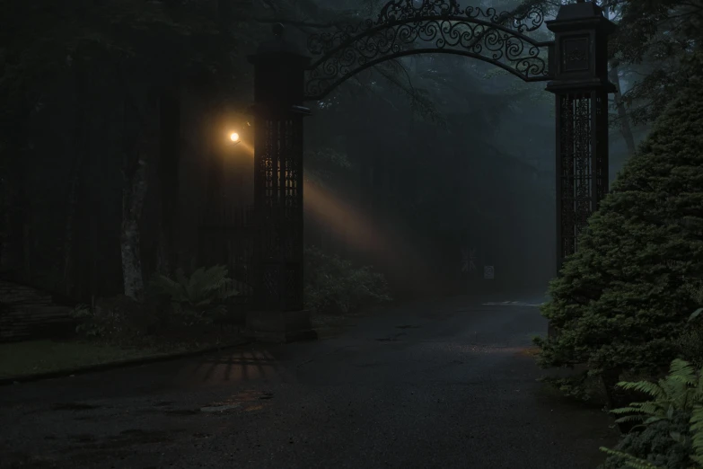 a gate with lights on the outside at night