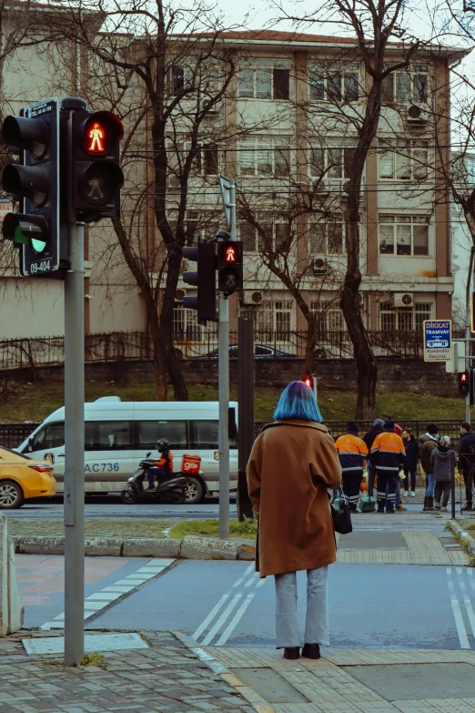 a person standing at a traffic light on a street corner