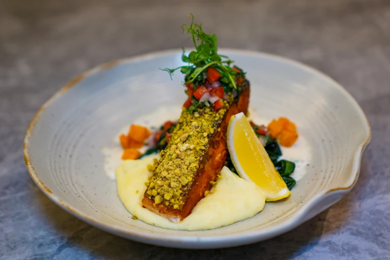 a dish with a piece of salmon and a vegetable on it