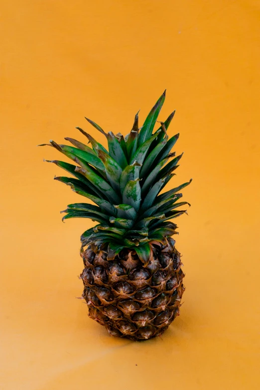 a pineapple sitting upright on a yellow table