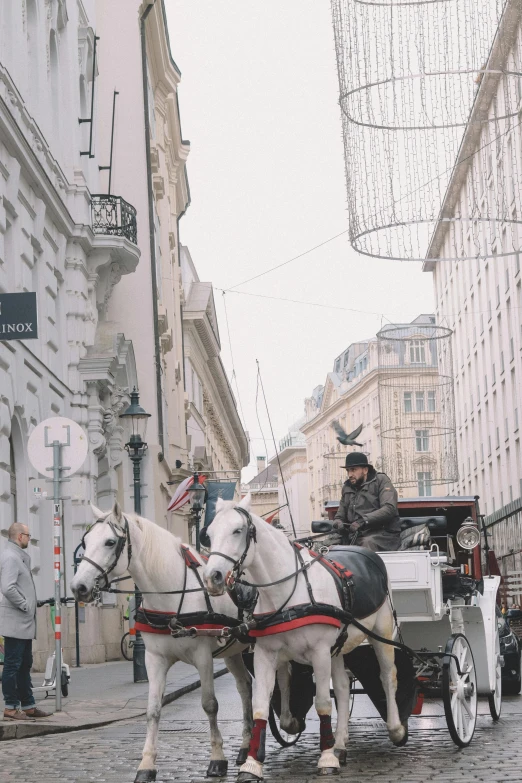 horses pulling carriages down the street with people riding on them