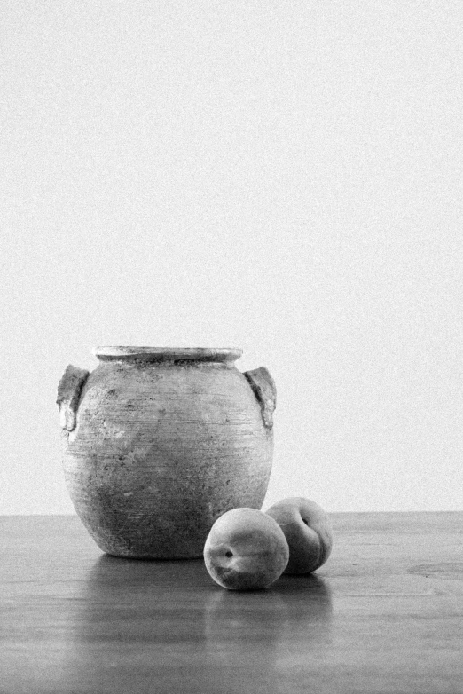 two plums on a table with a vase