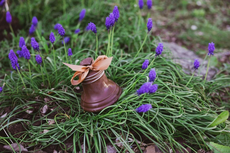 the garden is filled with flowers and old bells