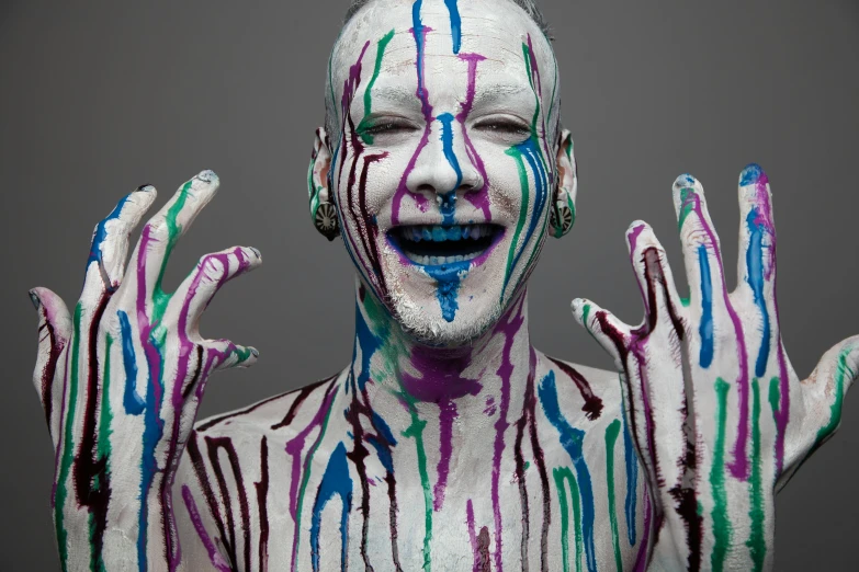 a person in white and blue painted makeup and hands