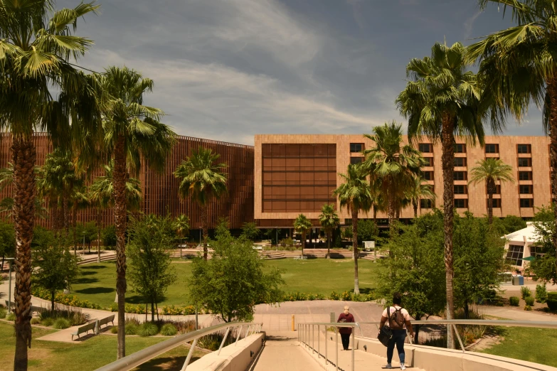 a couple walks down a walkway next to palm trees