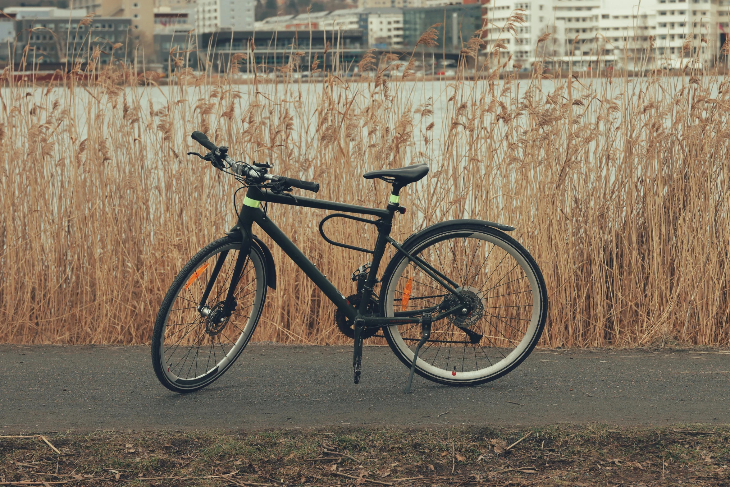 a black bicycle parked next to tall brown grass