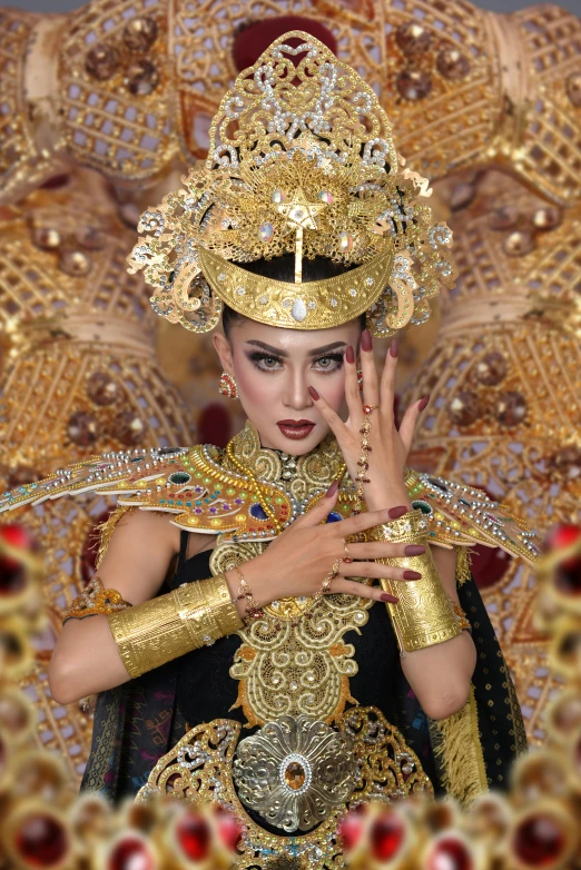 a woman in costume with gold painted hands