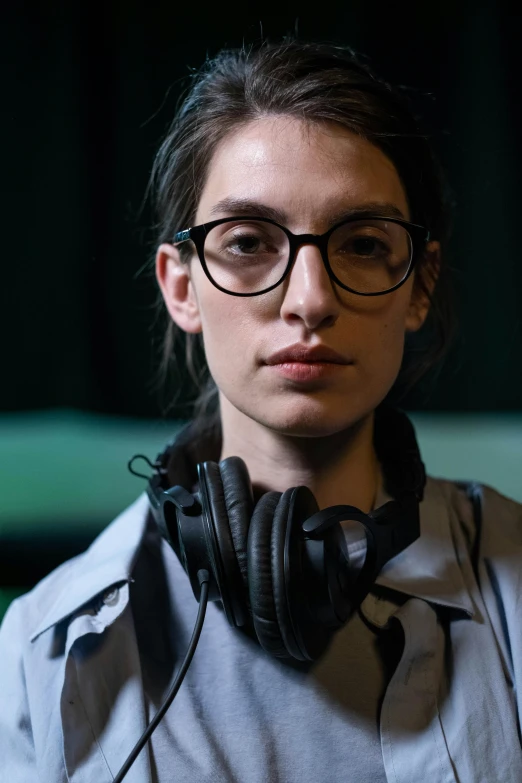 young woman with black and gray headphones and glasses