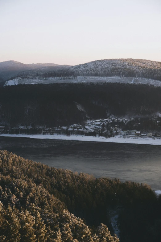 snowy mountains sitting behind a body of water