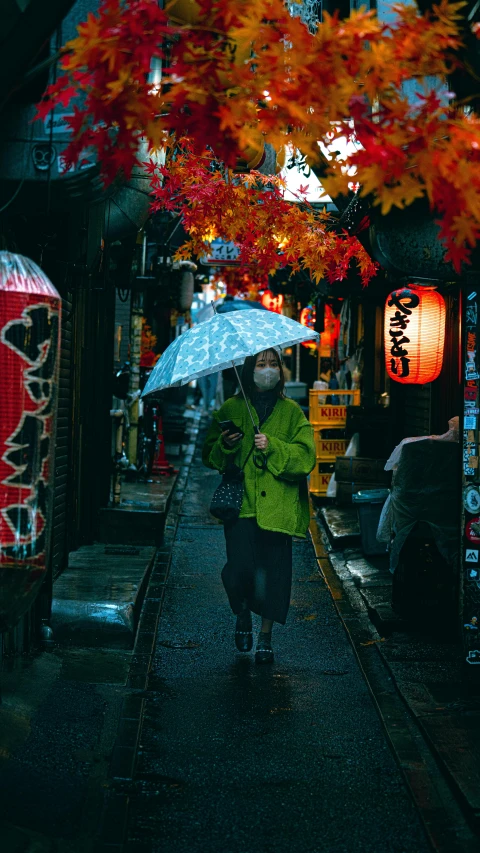 an old woman holding a umbrella on a rainy night