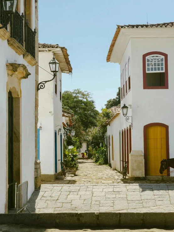 a cobbled street with houses and stairs in it