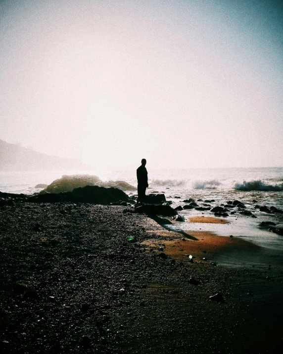 a person standing on a beach next to the ocean