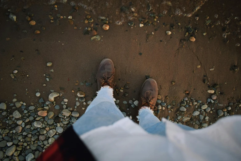 there are two persons'feet on the beach