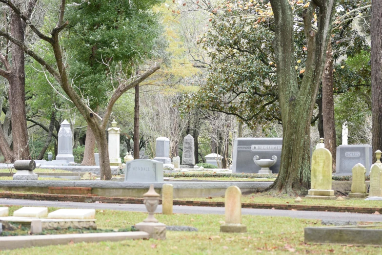 headstones are placed at the top of graves in a cemetery