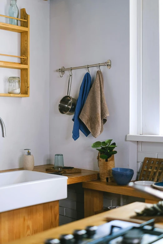 there is a towel rack and two dishes in the sink