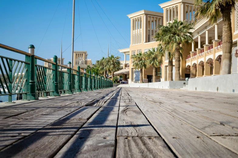 there is a wooden boardwalk leading to palm trees