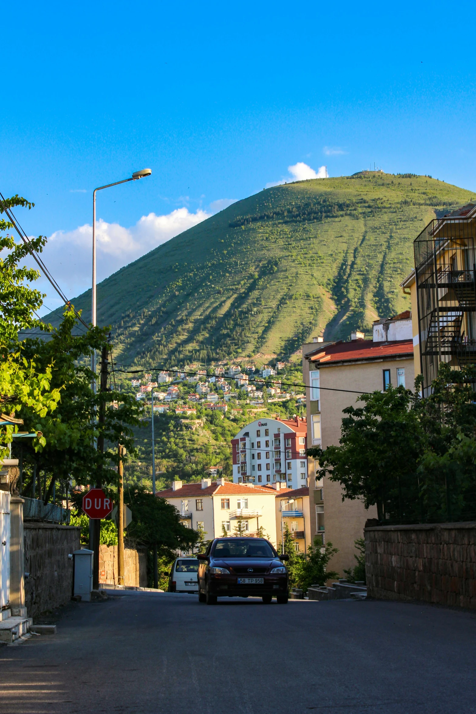 a town street with buildings and mountain in the background