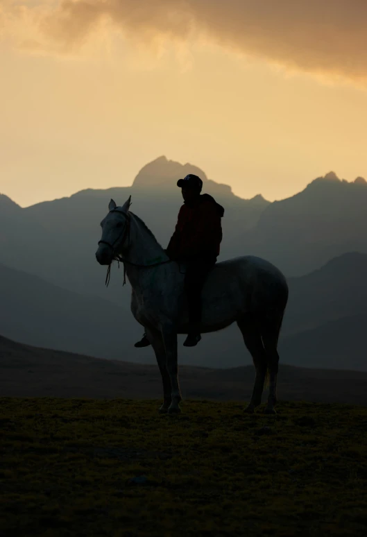 a man on a white horse with the mountains in the back