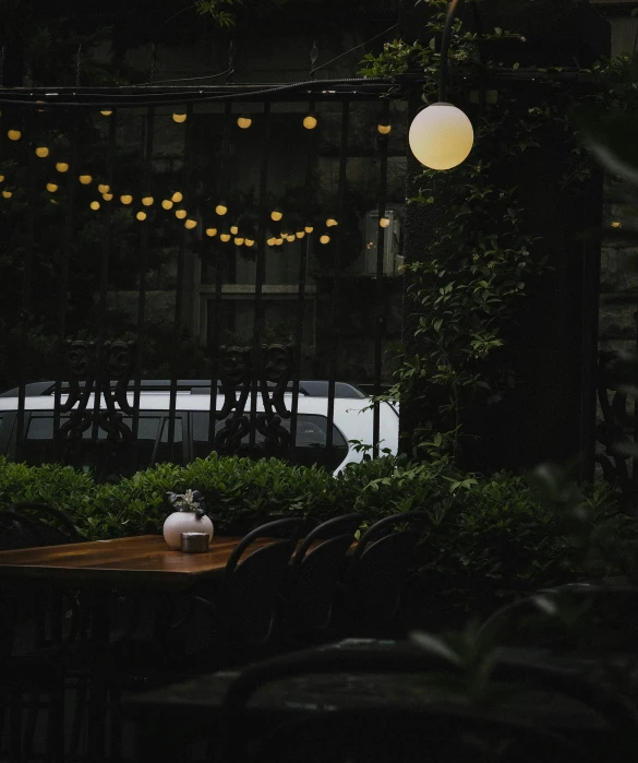 the view through the windows of a restaurant patio