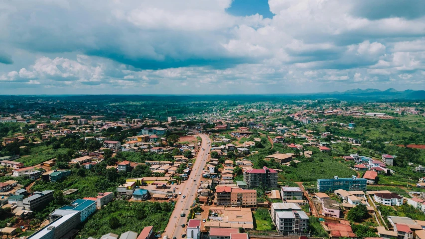 an aerial view of buildings, a road and trees in front