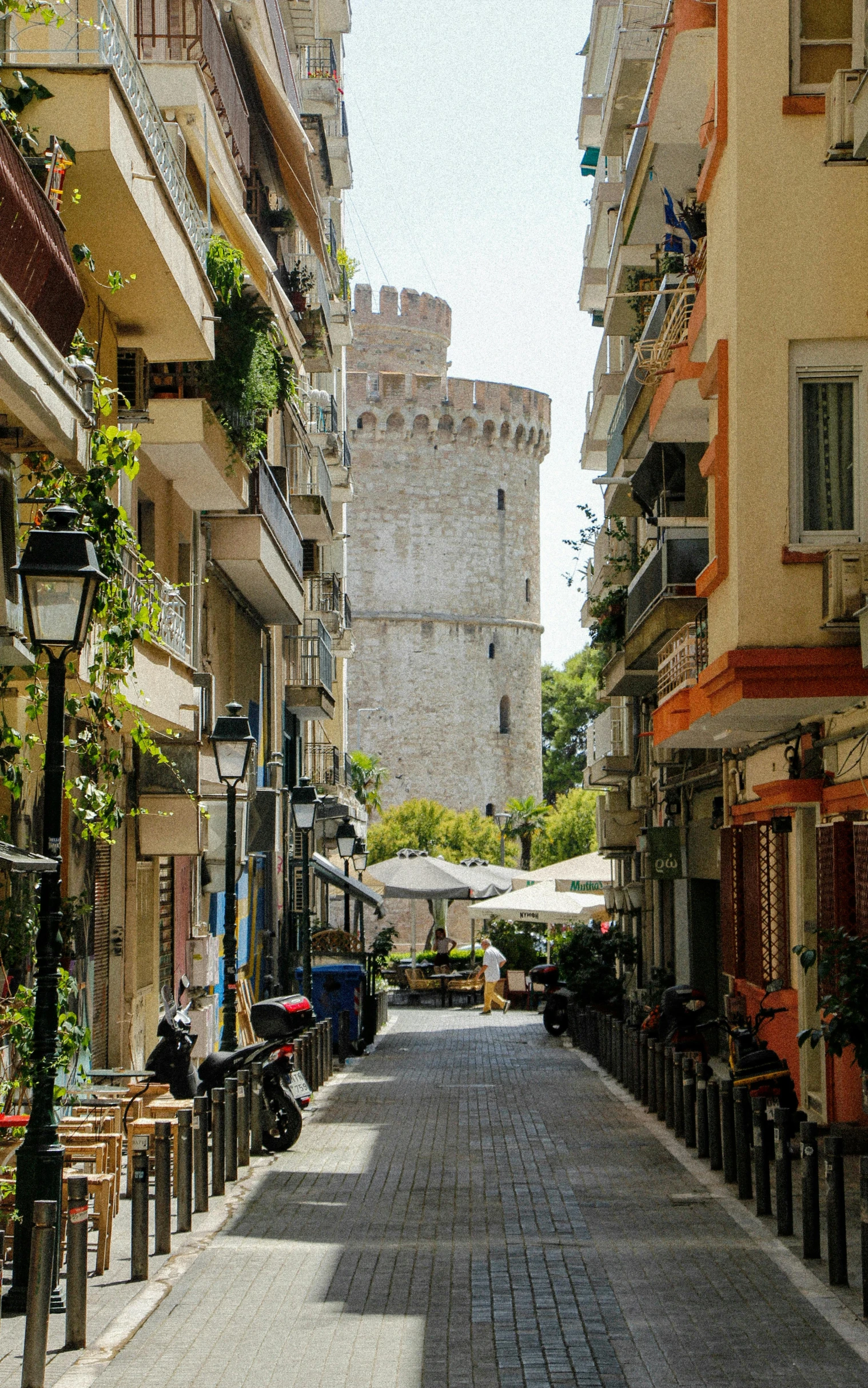 a city street has buildings along it's sides