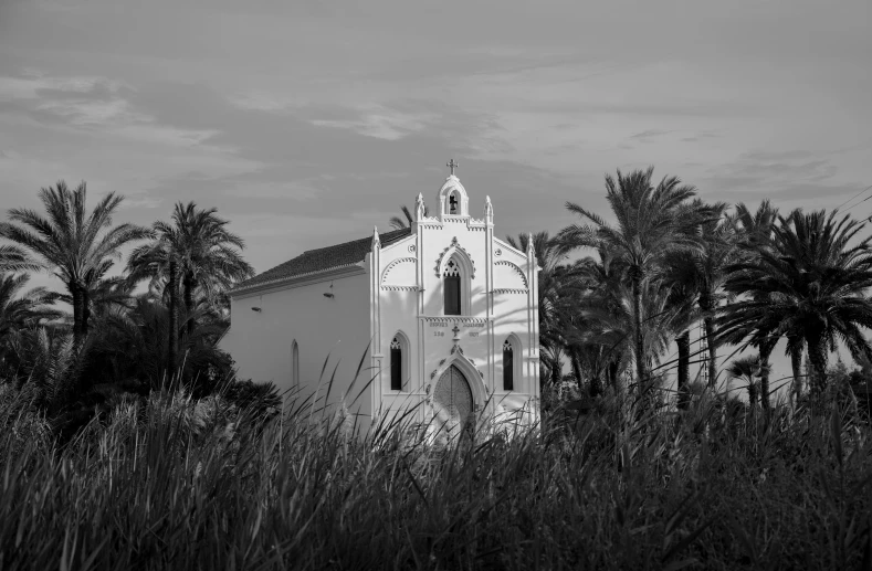 black and white pograph of the back facade of an historic church