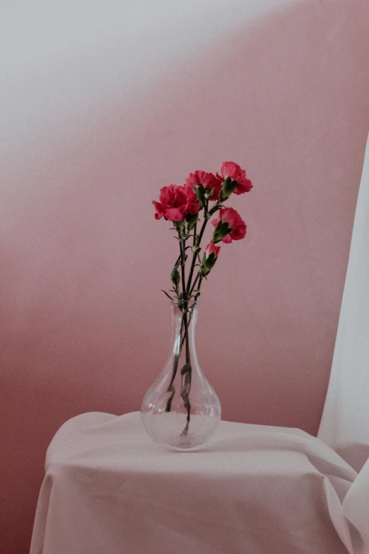 two red roses sit in a clear vase on a table