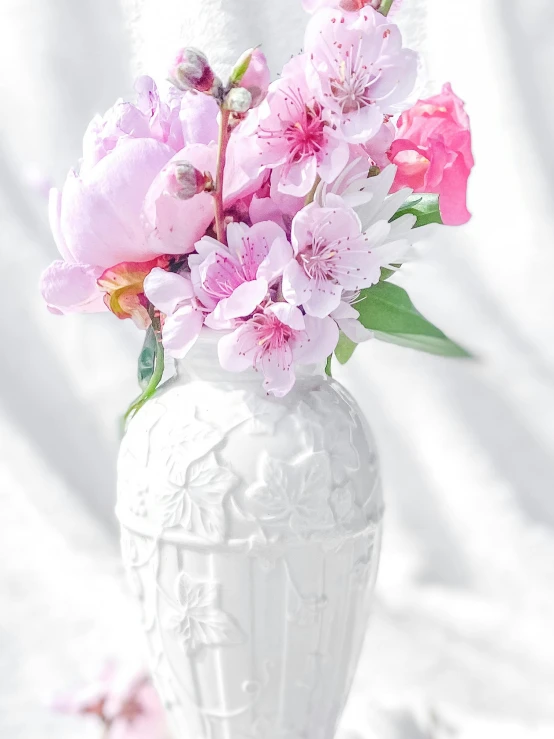 pink flowers sit in a decorative vase on a white surface