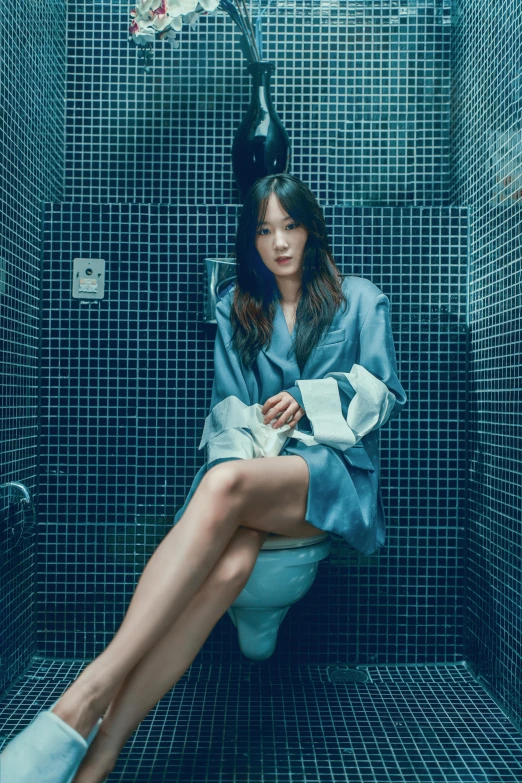 woman in blue robe sitting in tiled bathroom