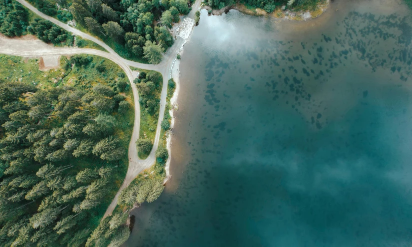 an aerial view of a placid body of water