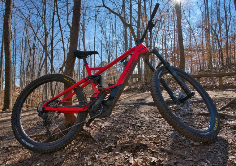 a red bike is in the dirt near trees