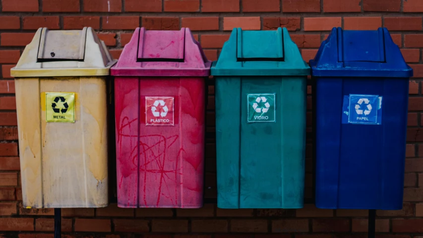 four brightly colored trash cans sitting next to a brick wall