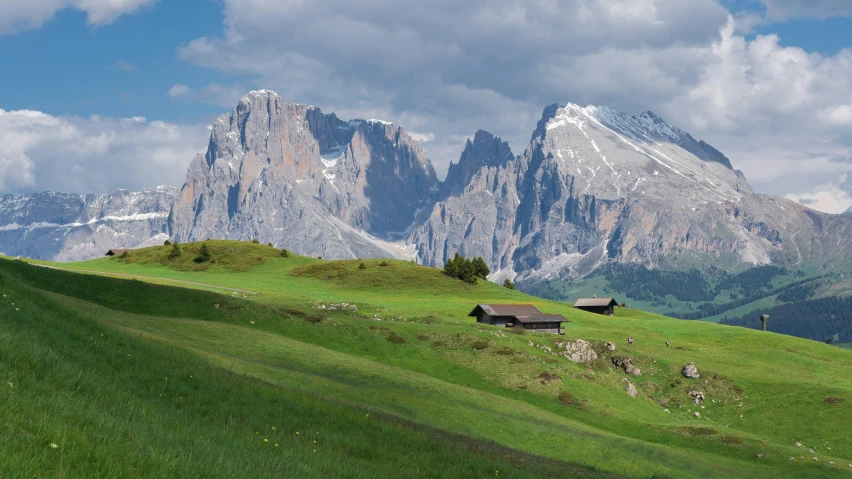 the mountains are covered in snow as cows graze on the grass