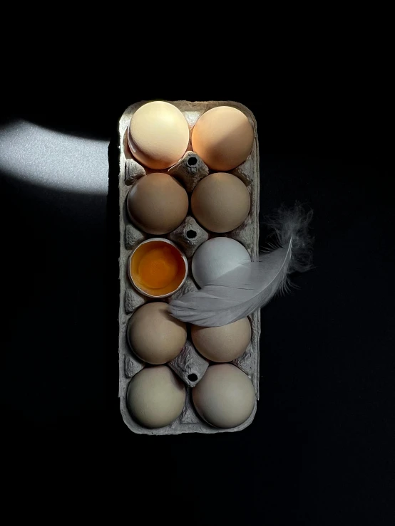 an egg carton with a large pack of eggs in it, and a single light emitting from one