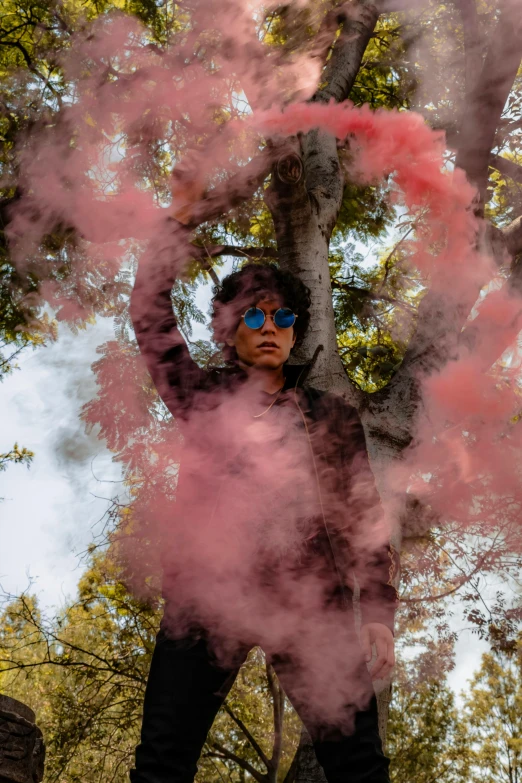 a boy in glasses standing between two trees covered with pink smoke