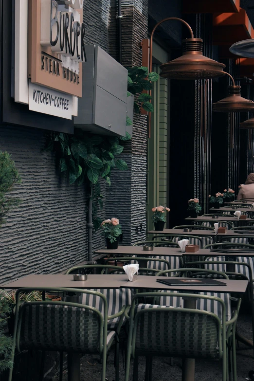 tables and chairs in front of an outdoor cafe