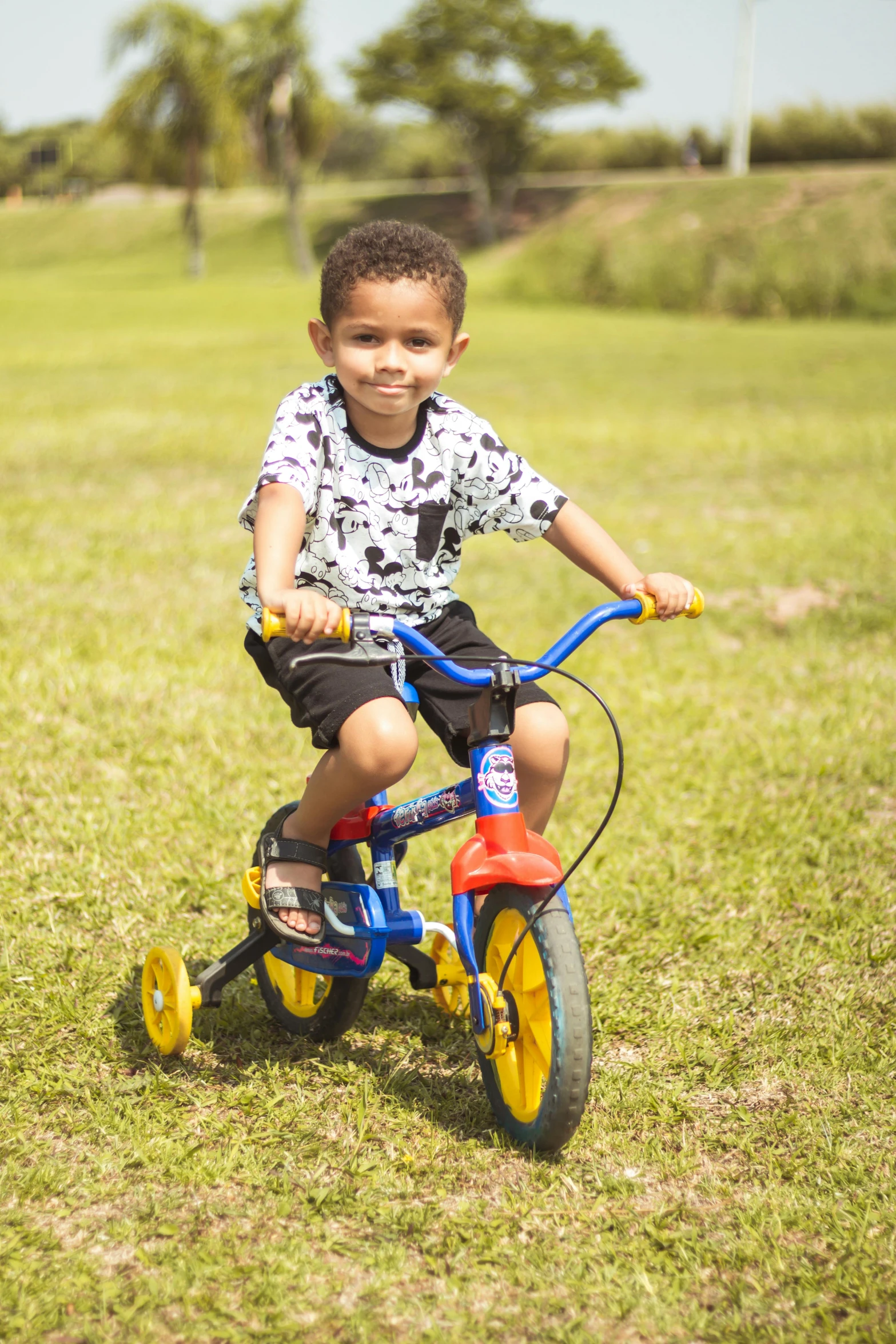 a small child riding a red bike on the grass