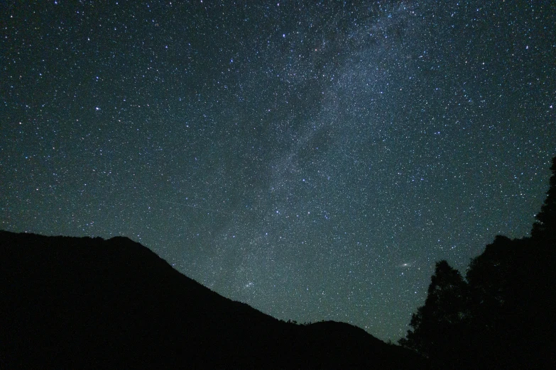 the night sky filled with stars next to trees