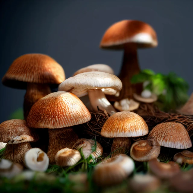 small group of mushrooms near a bed of green leaves