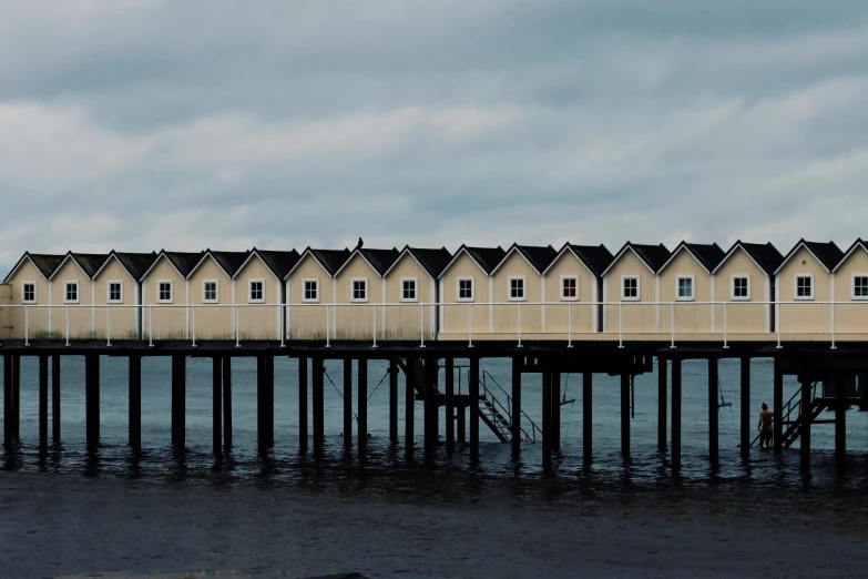 wooden houses are on the top of a pier