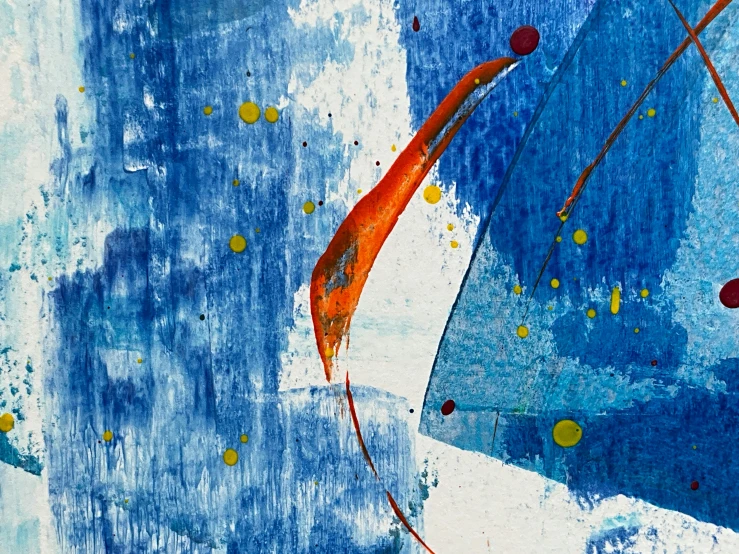 a painting with bright oranges and blue paint