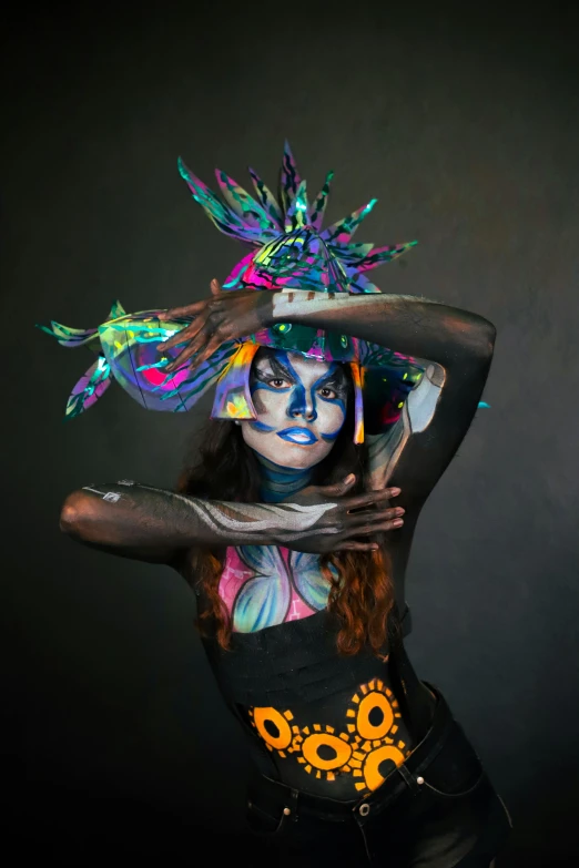 a woman is posing with colorful makeup and creative face make - up