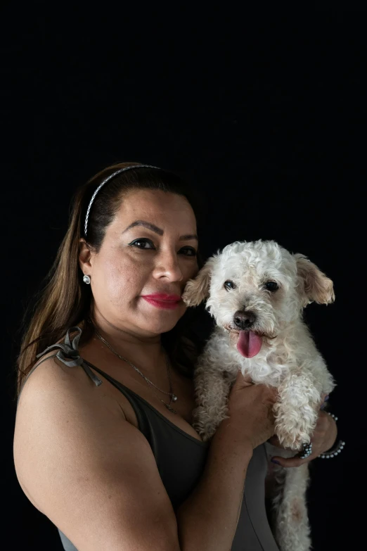 woman with a white dog and her red lips