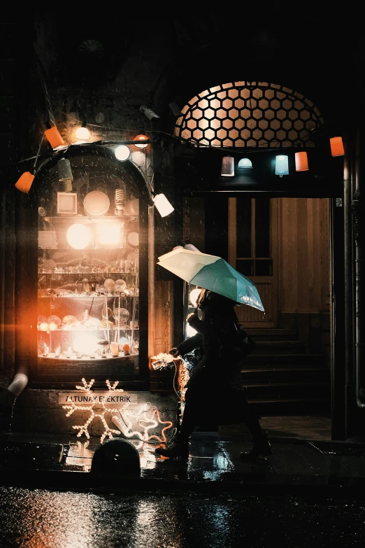 a woman in black jacket with umbrella next to street