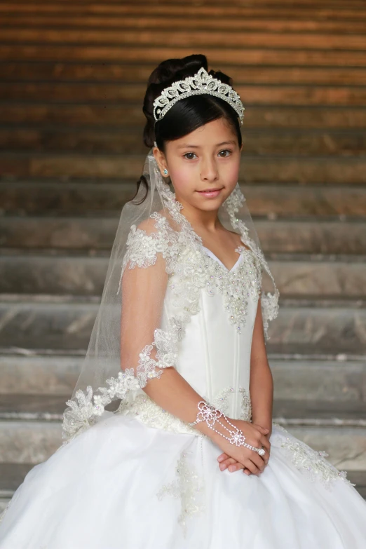 a  in a wedding gown wearing a tiara