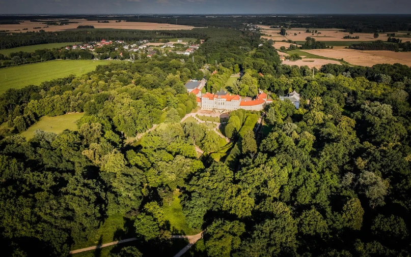 an aerial s of an old castle surrounded by trees