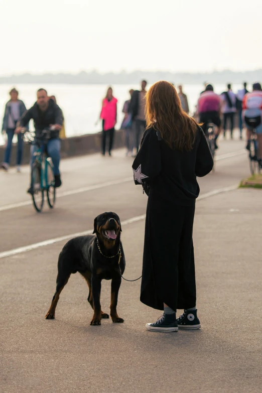 there is a woman standing on the sidewalk with a dog